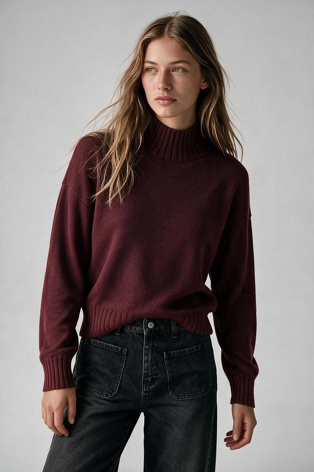 Burgundy Rib Knit High Neck Sweater - Premium simple from Tooksie - Just $59.90! Shop now at Tooksie