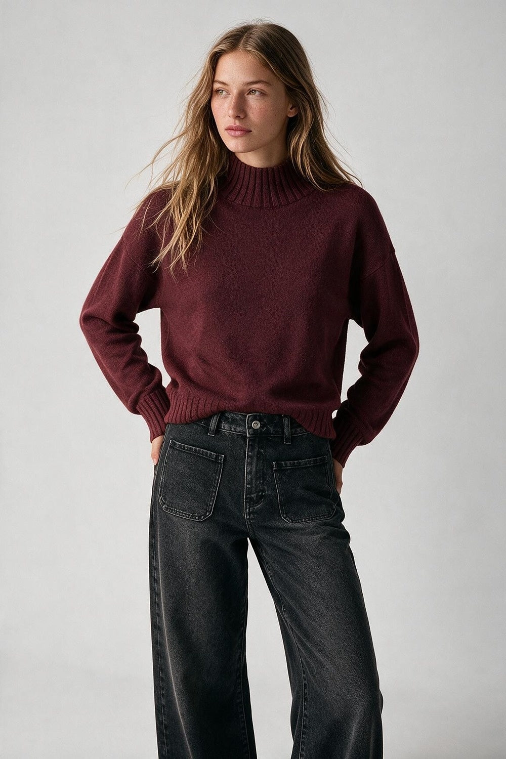 Burgundy Rib Knit High Neck Sweater - Premium simple from Tooksie - Just $59.90! Shop now at Tooksie