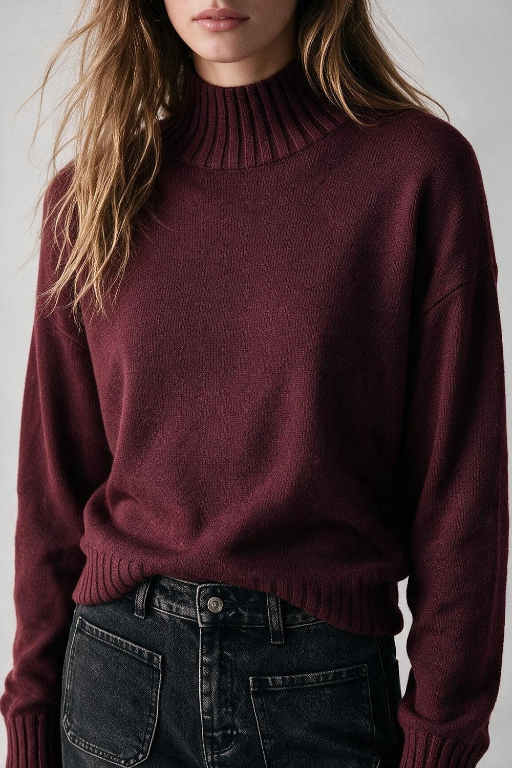 Burgundy Rib Knit High Neck Sweater - Premium simple from Tooksie - Just $59.90! Shop now at Tooksie