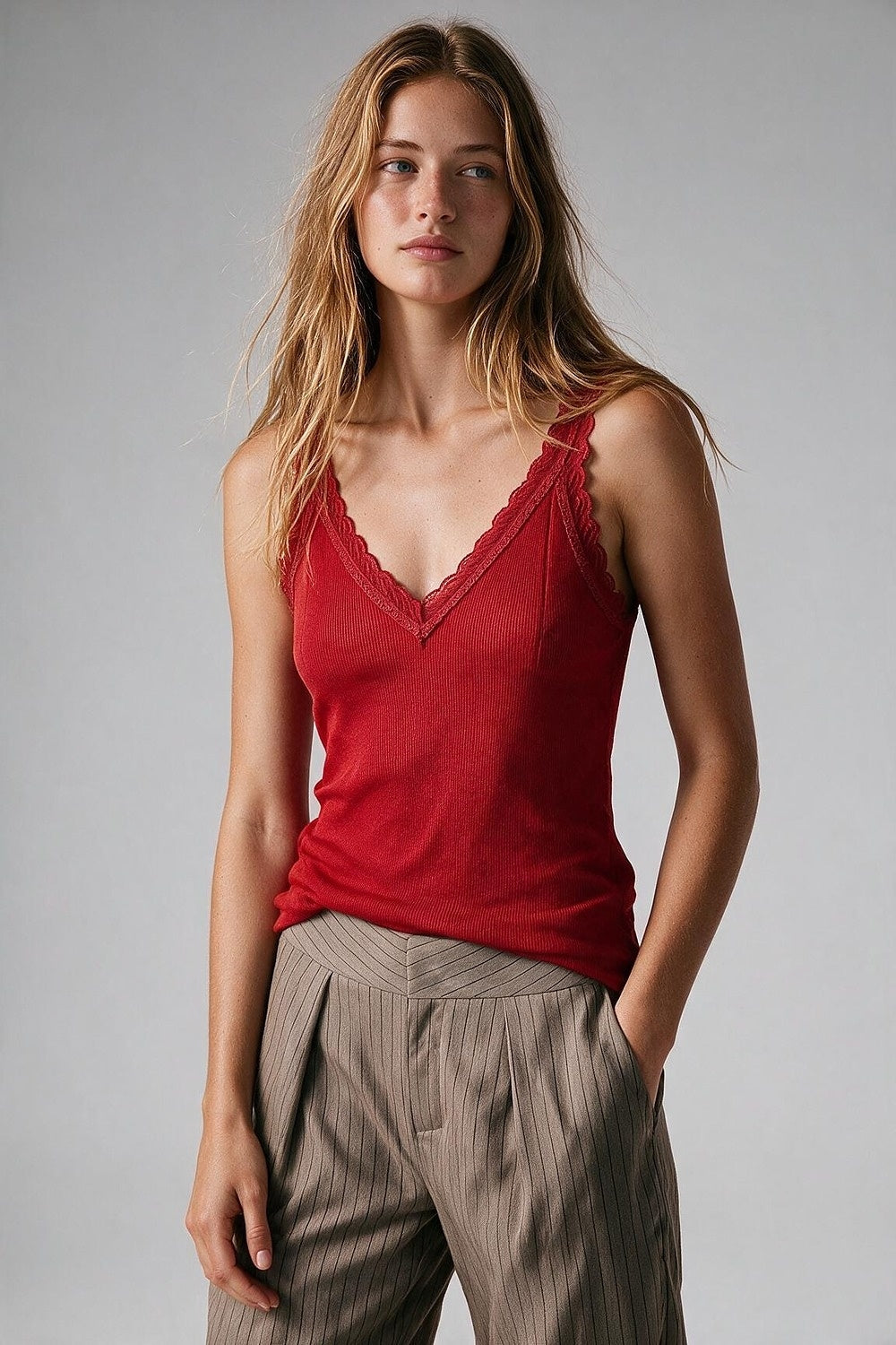 Red Ribbed Knit Lace Trim V-Neck Tank Top - Premium simple from Tooksie - Just $49.90! Shop now at Tooksie