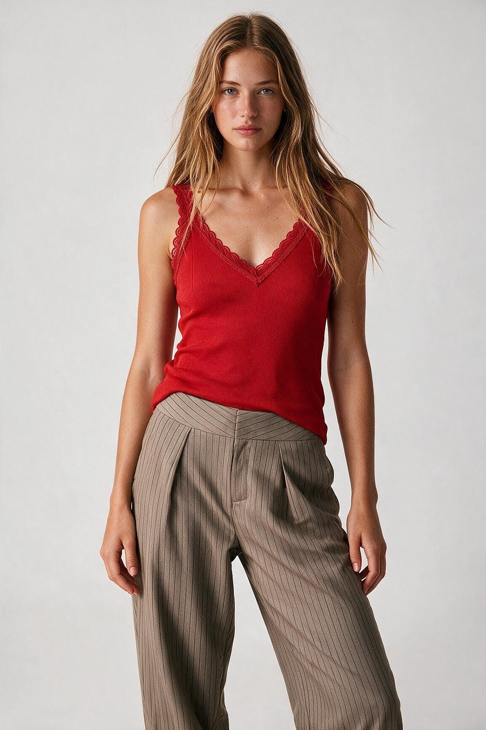 Red Ribbed Knit Lace Trim V-Neck Tank Top - Premium simple from Tooksie - Just $49.90! Shop now at Tooksie