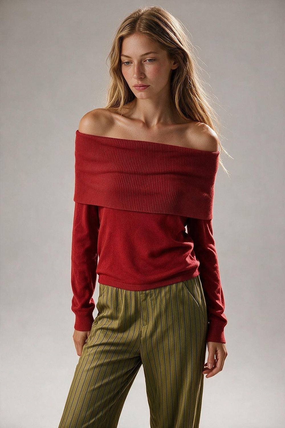 Red Ribbed Knit Off Shoulder Sweater - Premium simple from Tooksie - Just $59.90! Shop now at Tooksie