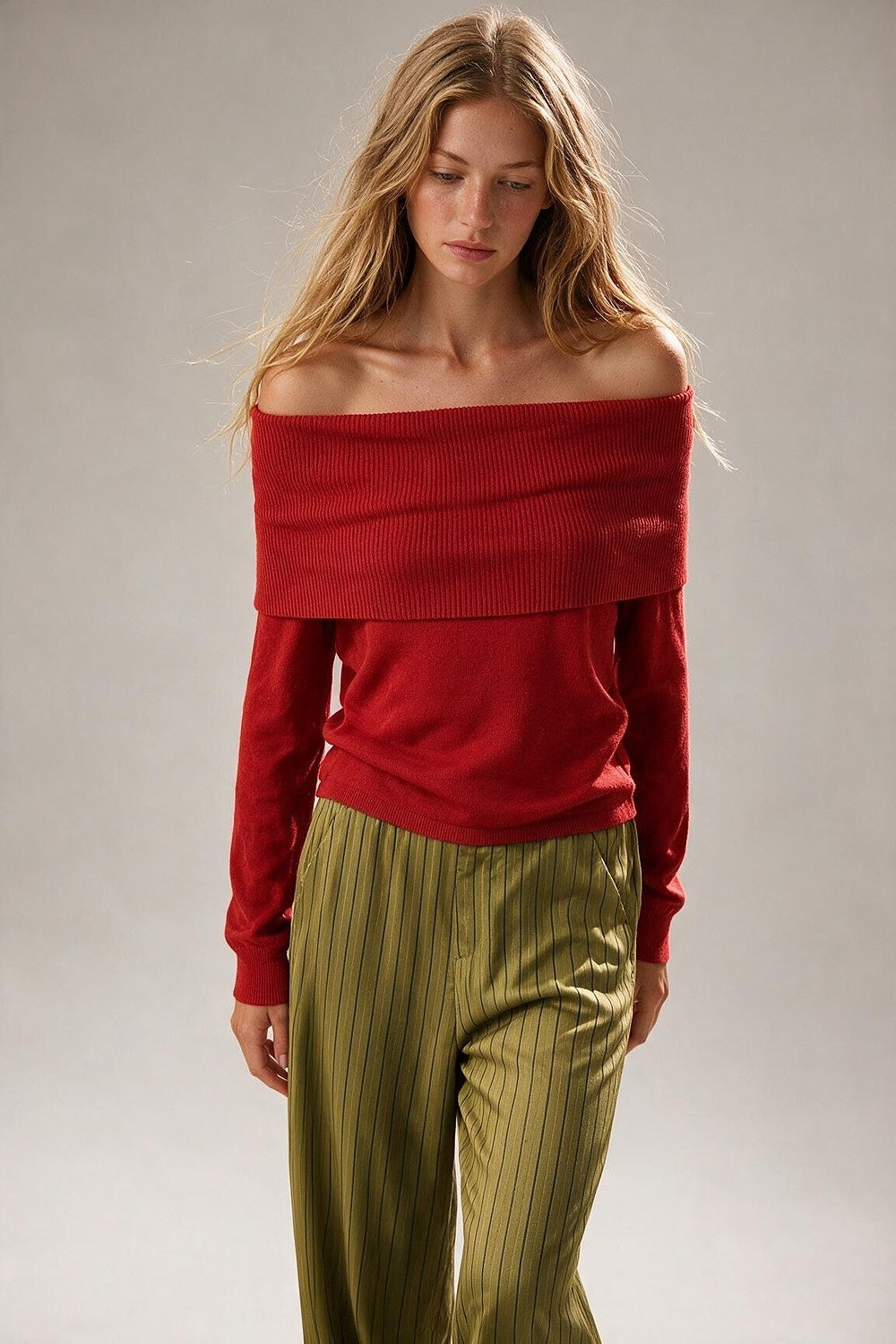 Red Ribbed Knit Off Shoulder Sweater - Premium simple from Tooksie - Just $59.90! Shop now at Tooksie