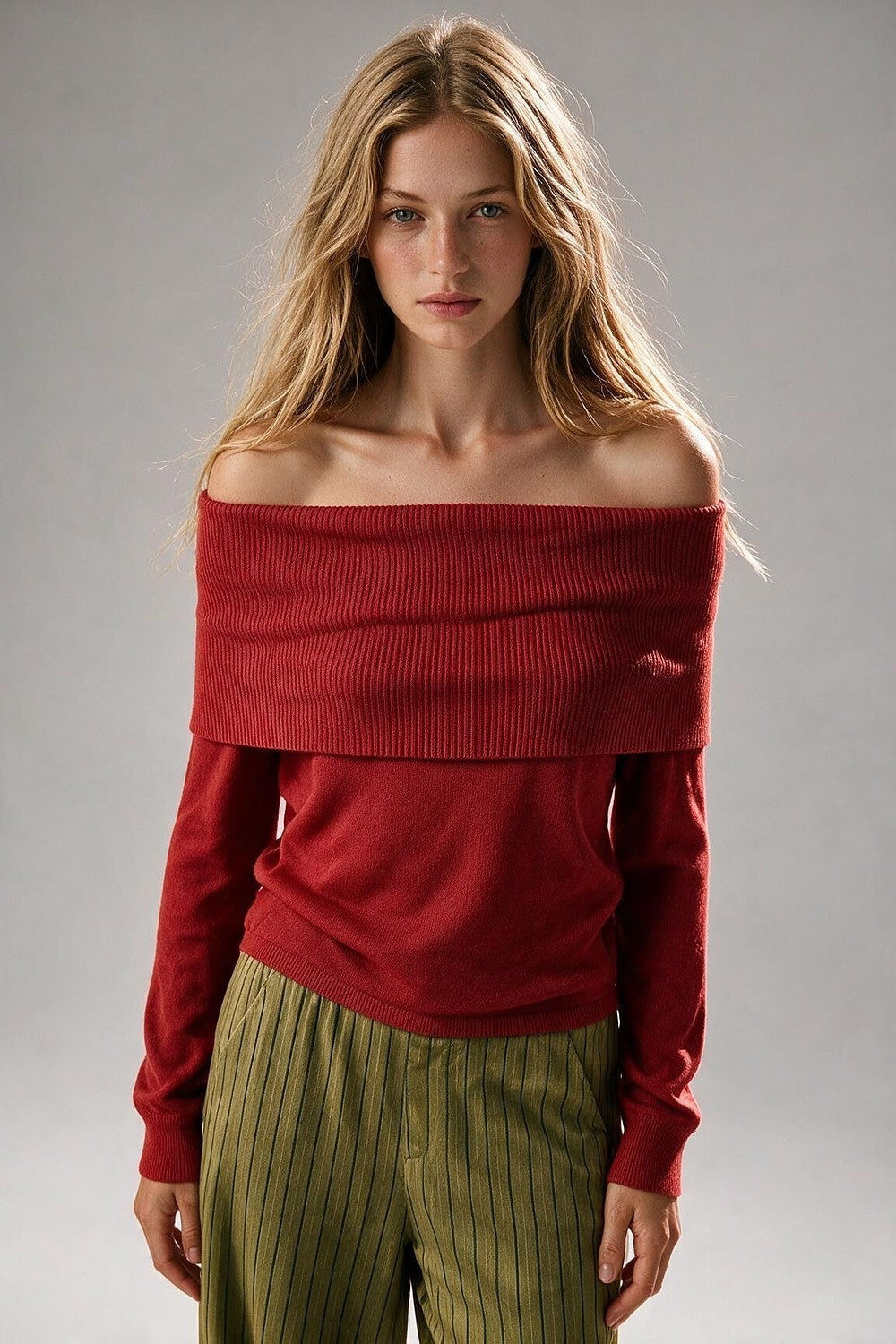 Red Ribbed Knit Off Shoulder Sweater - Premium simple from Tooksie - Just $59.90! Shop now at Tooksie