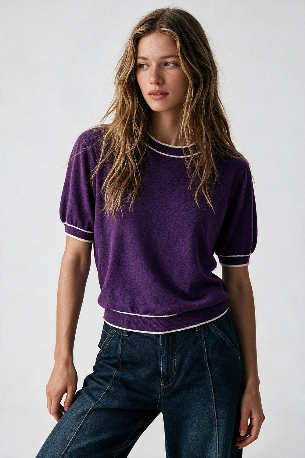 Purple Short Sleeve Crew Neck Sweater - Premium simple from Tooksie - Just $49.90! Shop now at Tooksie