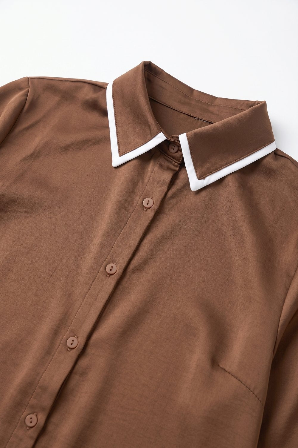 Brown Satin Contrast Collar Long Sleeve Shirt - Premium variable from Tooksie - Just $74.90! Shop now at Tooksie