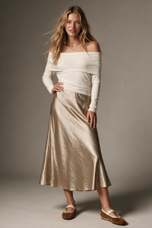 Beige Satin Bias Cut Midi Skirt - Premium variable from Tooksie - Just $69.90! Shop now at Tooksie