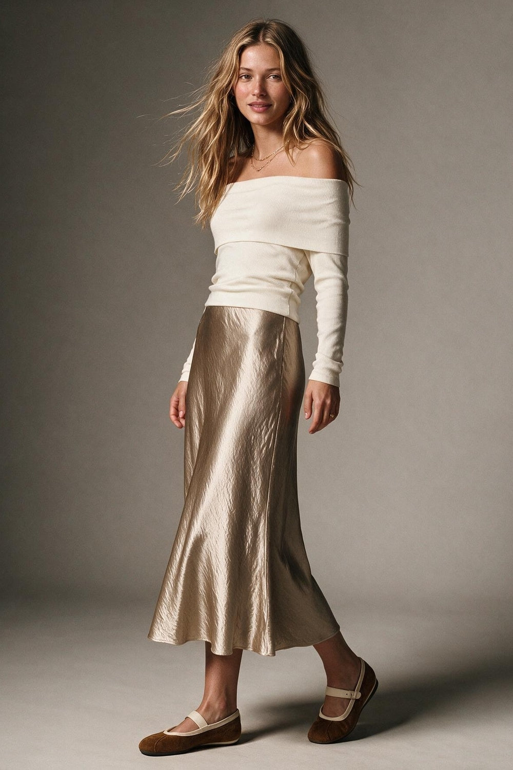 Beige Satin Bias Cut Midi Skirt - Premium variable from Tooksie - Just $69.90! Shop now at Tooksie