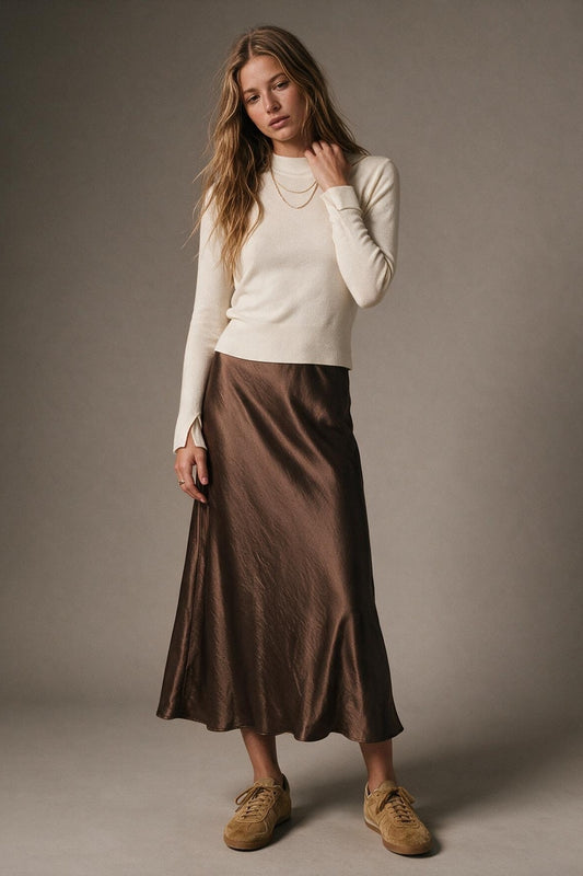 Brown Satin Bias Cut Midi Skirt - Premium variable from Tooksie - Just $69.90! Shop now at Tooksie