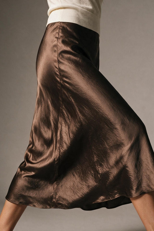Brown Satin Bias Cut Midi Skirt - Premium variable from Tooksie - Just $69.90! Shop now at Tooksie