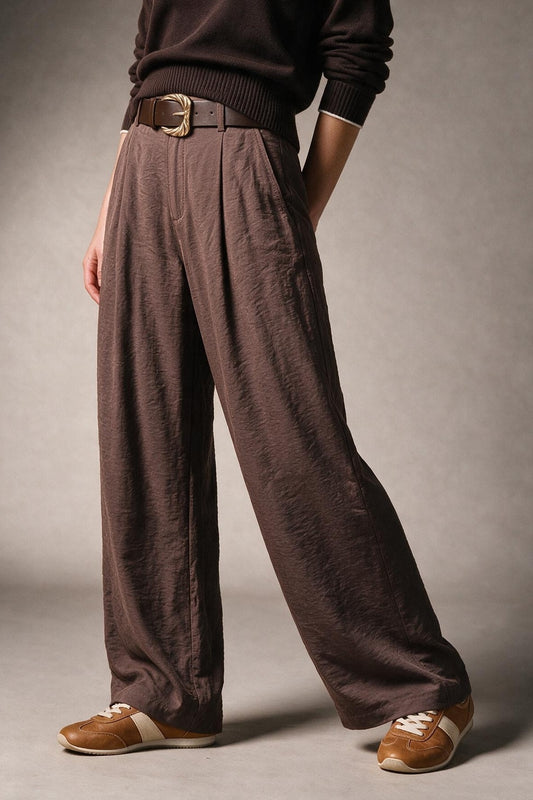 Brown Pleated Textured Wide Leg Trousers with Belt - Premium variable from Tooksie - Just $79.90! Shop now at Tooksie