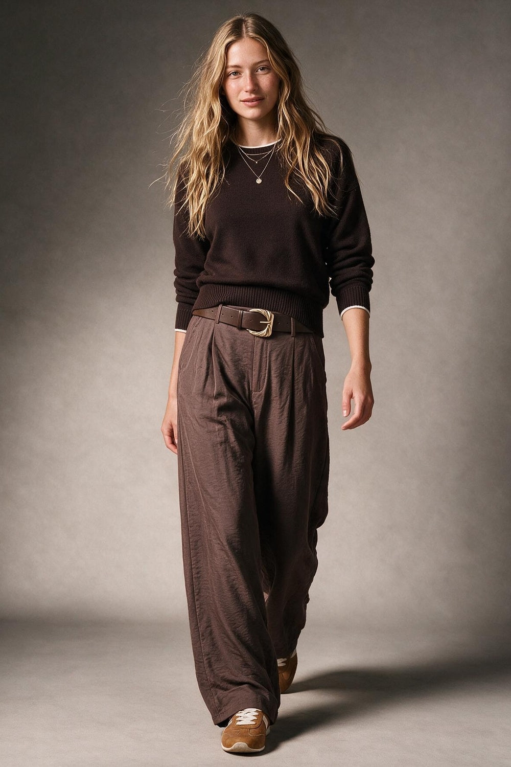 Brown Pleated Textured Wide Leg Trousers with Belt - Premium variable from Tooksie - Just $79.90! Shop now at Tooksie