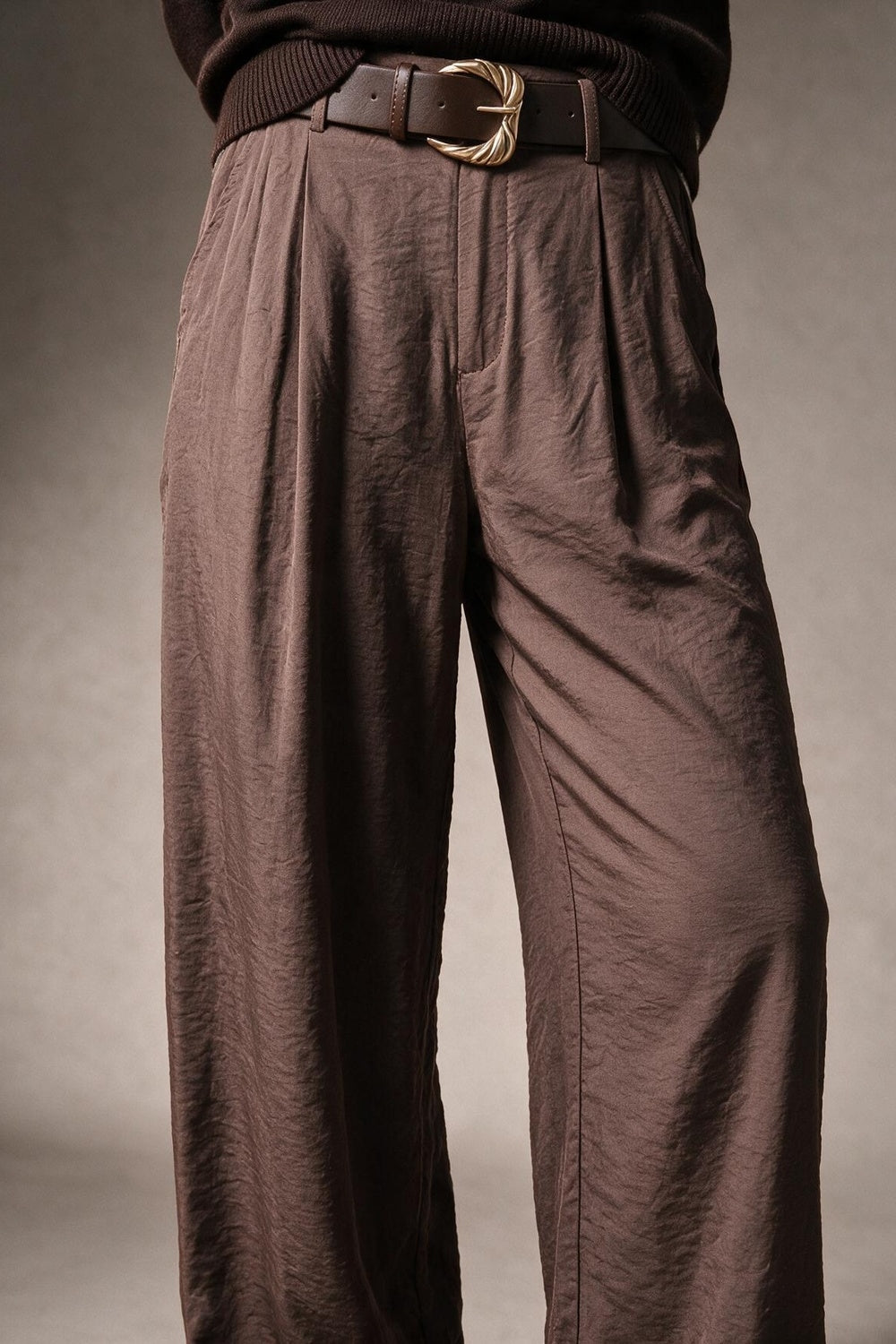 Brown Pleated Textured Wide Leg Trousers with Belt - Premium variable from Tooksie - Just $79.90! Shop now at Tooksie