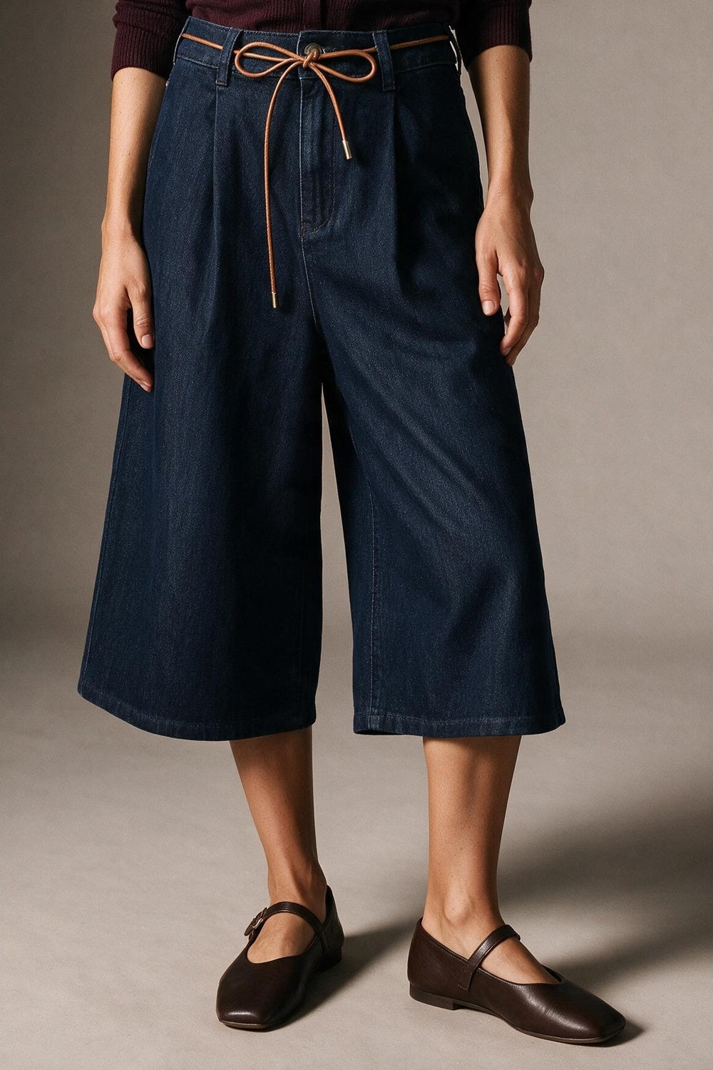 Wide-Leg Denim Culottes with Tie Belt - Premium variable from Tooksie - Just $74.90! Shop now at Tooksie