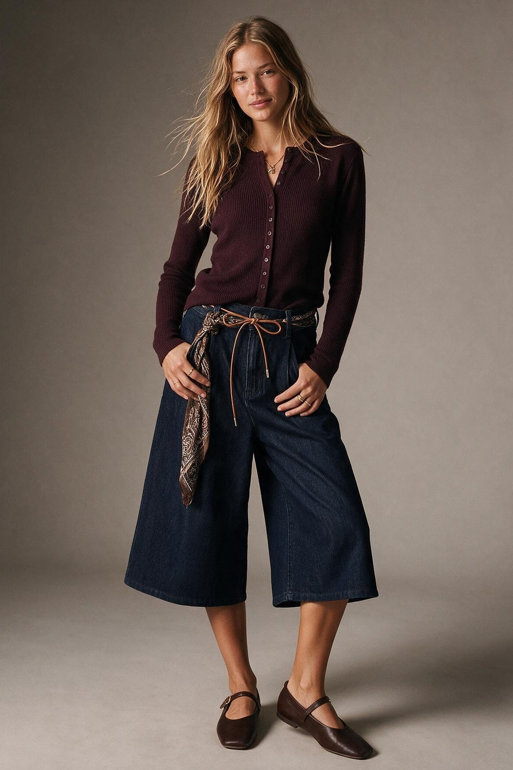Wide-Leg Denim Culottes with Tie Belt - Premium variable from Tooksie - Just $74.90! Shop now at Tooksie