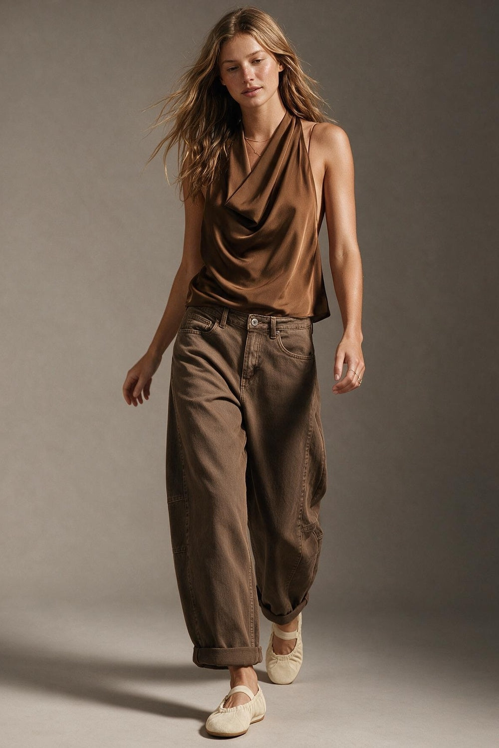 Brown Satin Draped Halter Neck Top - Premium variable from Tooksie - Just $59.90! Shop now at Tooksie