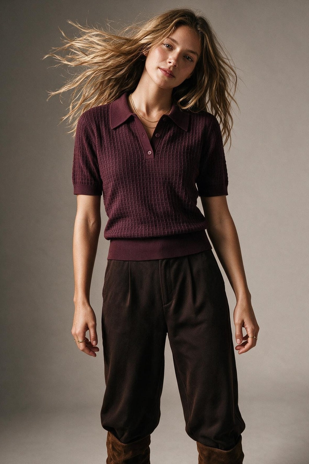 Burgundy Waffle Knit Button Down Short Sleeve Polo Sweater - Premium variable from Tooksie - Just $69.90! Shop now at Tooksie
