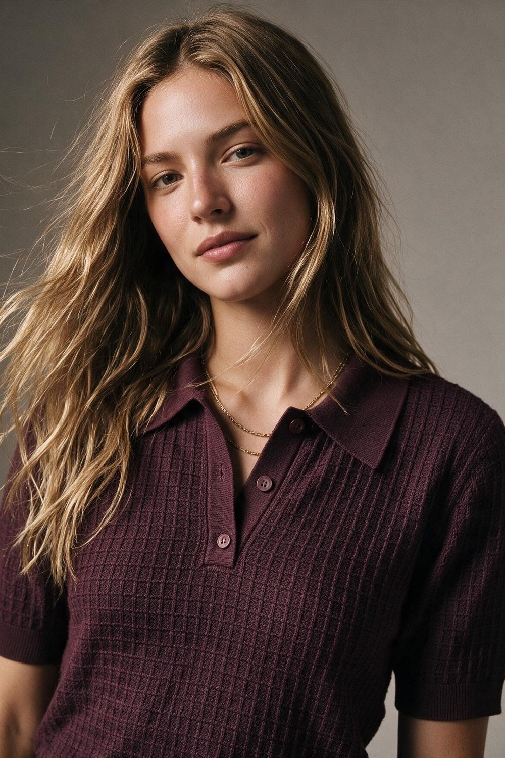 Burgundy Waffle Knit Button Down Short Sleeve Polo Sweater - Premium variable from Tooksie - Just $69.90! Shop now at Tooksie