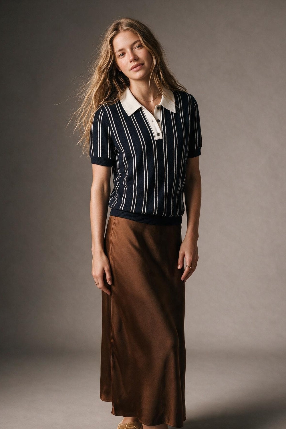 Navy Fine Knit Striped Contrast Polo Shirt With Short Sleeves - Premium Sweaters from Q2 - Just $69.90! Shop now at Tooksie