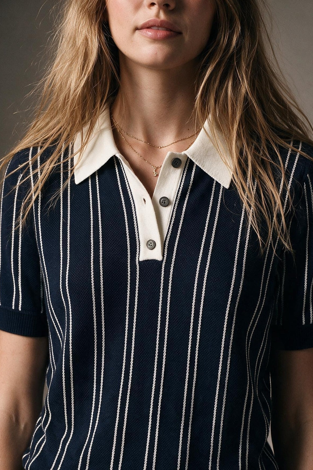 Navy Fine Knit Striped Contrast Polo Shirt With Short Sleeves - Premium Sweaters from Q2 - Just $69.90! Shop now at Tooksie