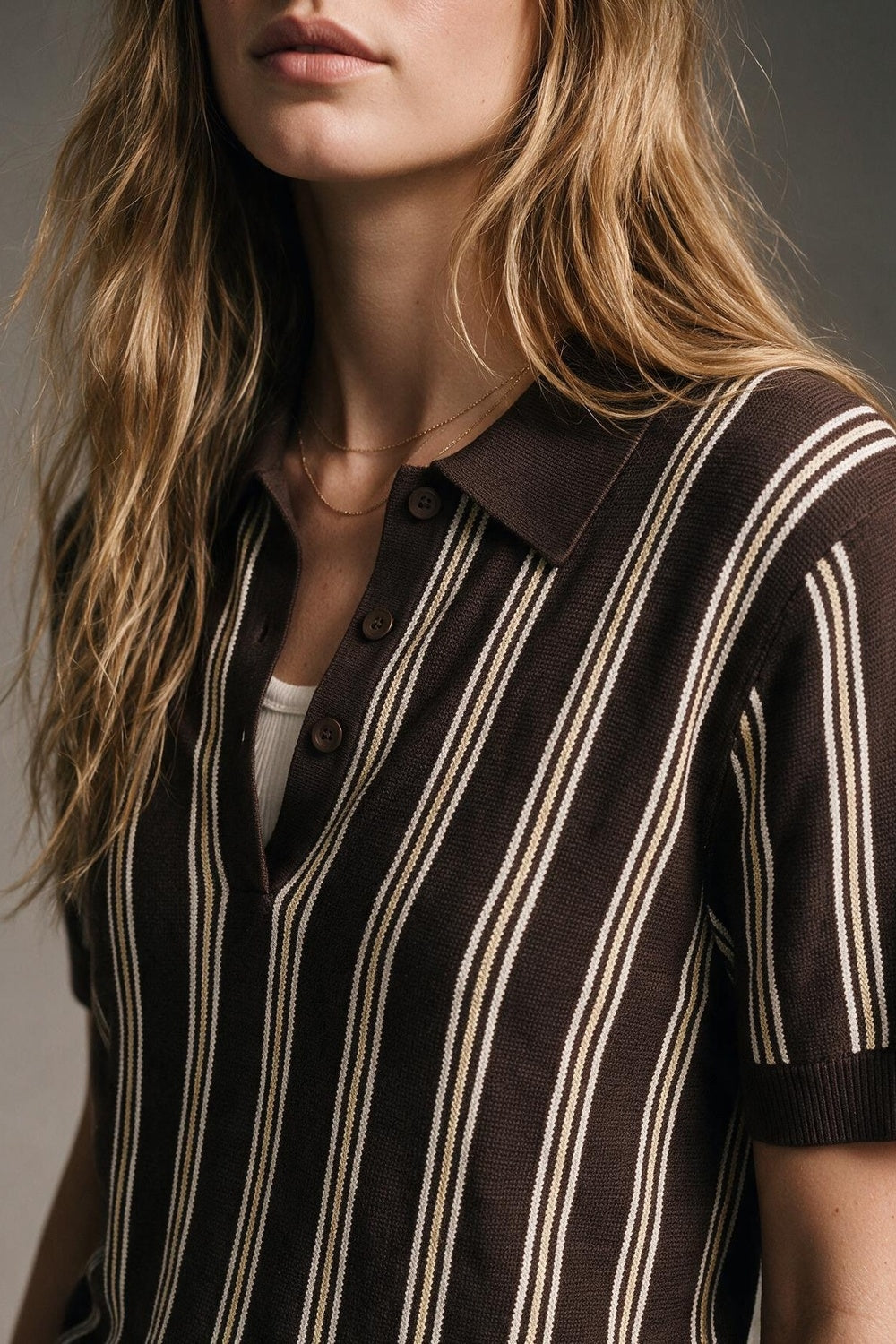 Brown Contrast Striped Fine Knit Polo Sweater - Premium variable from Tooksie - Just $69.90! Shop now at Tooksie