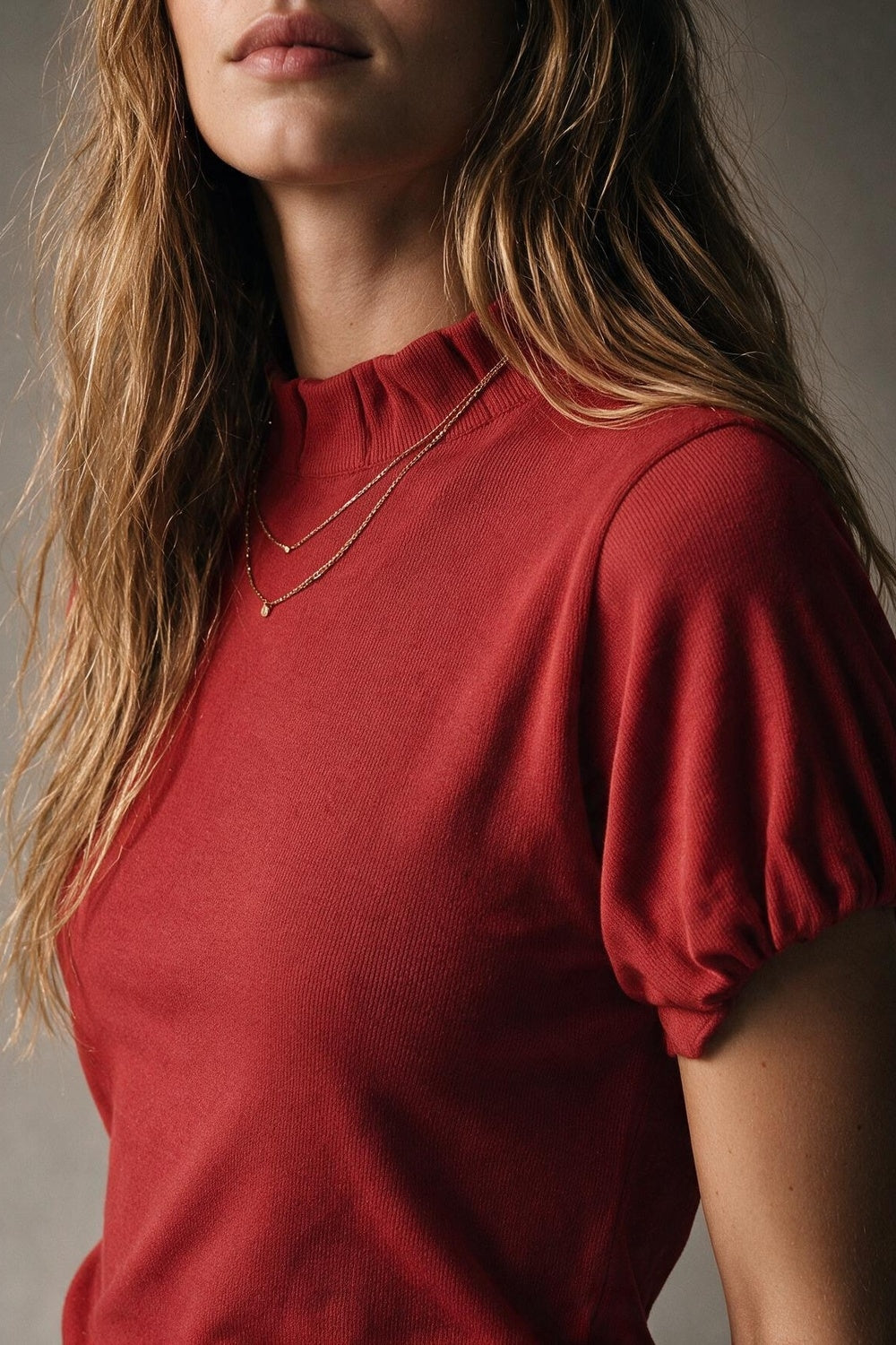Red Fine Knit Short Sleeve Pleated Mock Neck Sweater - Premium variable from Tooksie - Just $74.90! Shop now at Tooksie