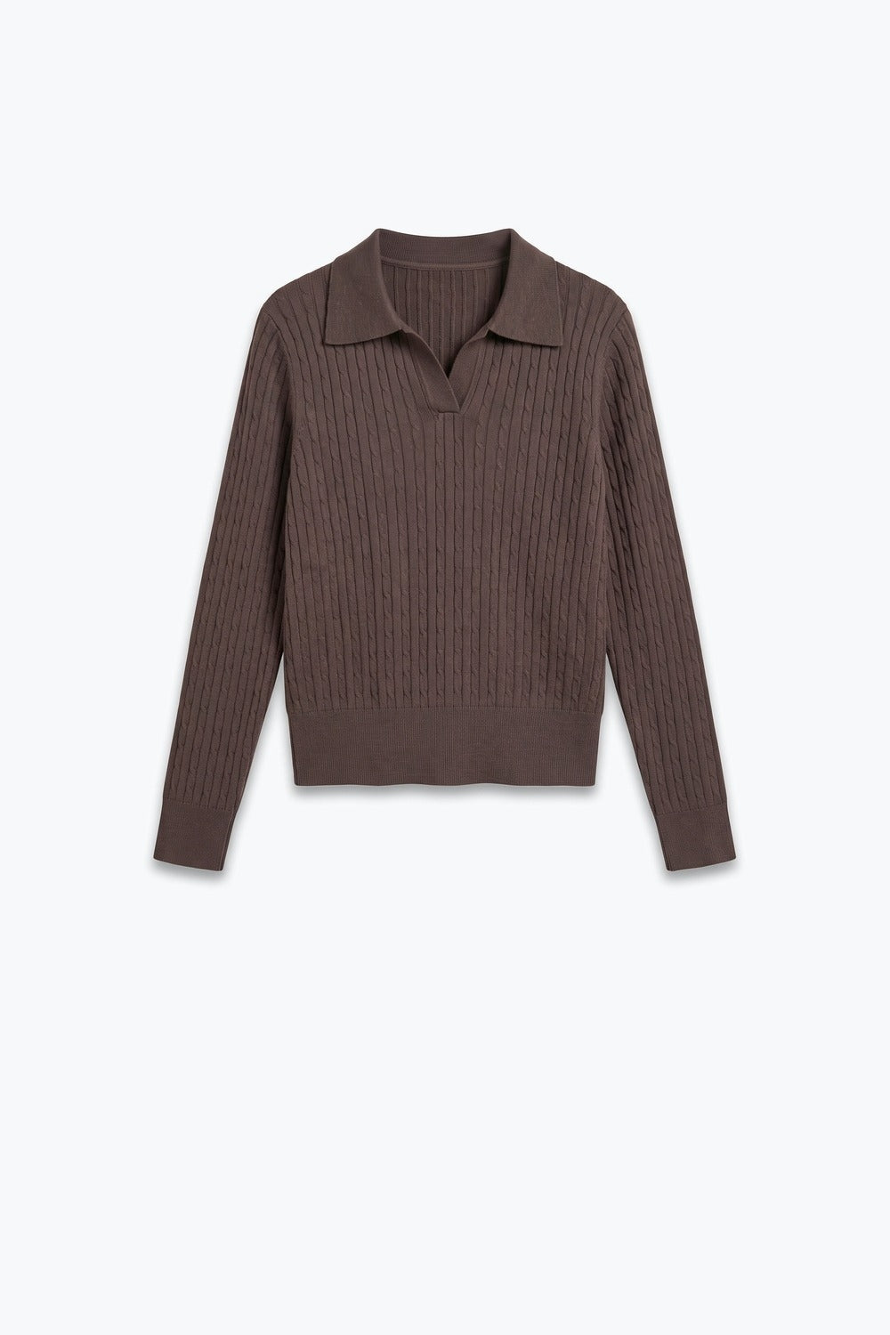 Brown Cable Knit Ribbed Trim Polo Sweater - Premium simple from Tooksie - Just $64.90! Shop now at Tooksie