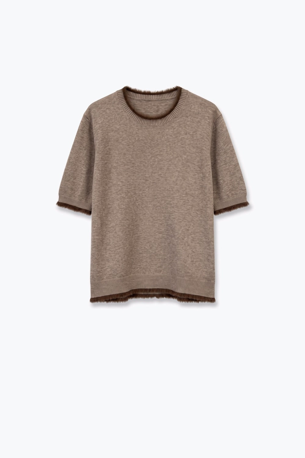 Camel Short Sleeve Crew Neck Sweater with Faux Fur Trim - Premium simple from Tooksie - Just $59.90! Shop now at Tooksie
