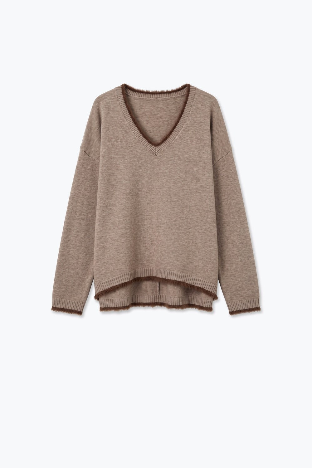 Camel V-Neck Sweater with Faux Fur Trim - Premium simple from Tooksie - Just $66.90! Shop now at Tooksie