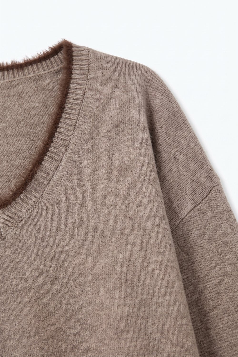 Camel V-Neck Sweater with Faux Fur Trim - Premium simple from Tooksie - Just $66.90! Shop now at Tooksie