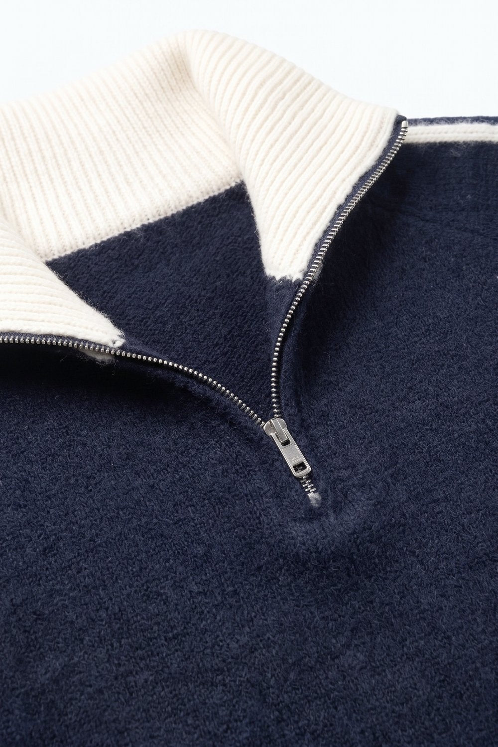 Navy Striped Brushed Knit Contrast Collar Half Zip Sweater - Premium simple from Tooksie - Just $74.90! Shop now at Tooksie