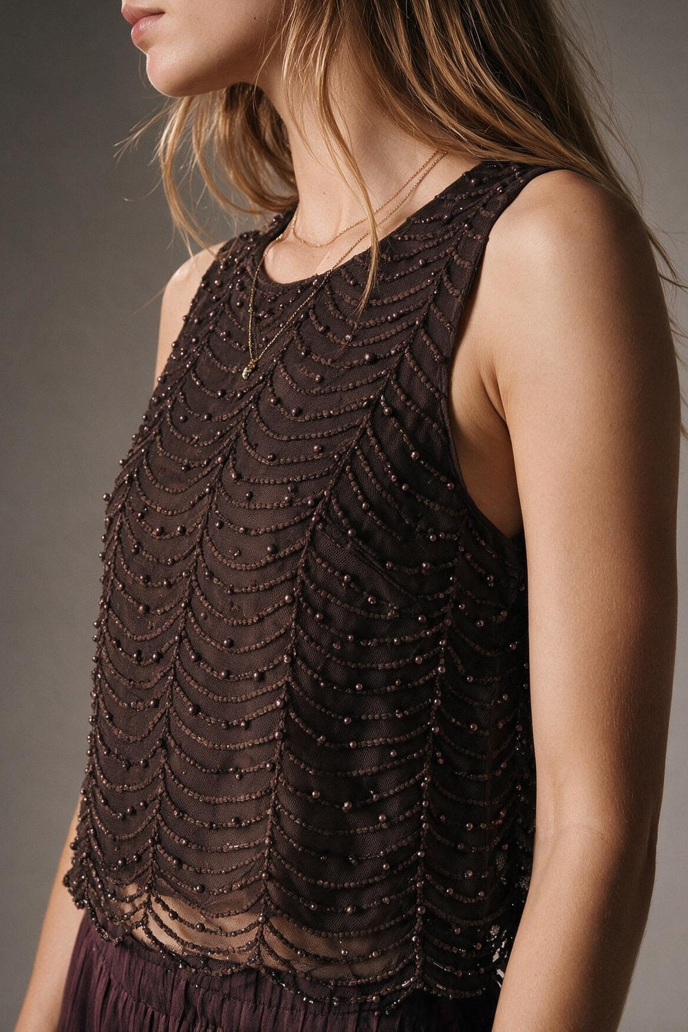 Brown Mesh Beaded Scallop Hem Sleeveless Top - Premium variable from Tooksie - Just $74.90! Shop now at Tooksie