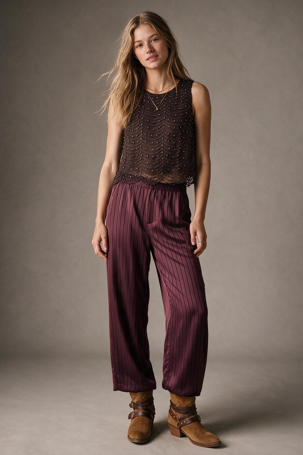 Brown Mesh Beaded Scallop Hem Sleeveless Top - Premium variable from Tooksie - Just $74.90! Shop now at Tooksie