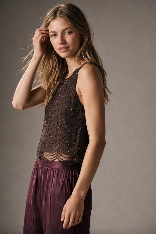 Brown Mesh Beaded Scallop Hem Sleeveless Top - Premium variable from Tooksie - Just $74.90! Shop now at Tooksie