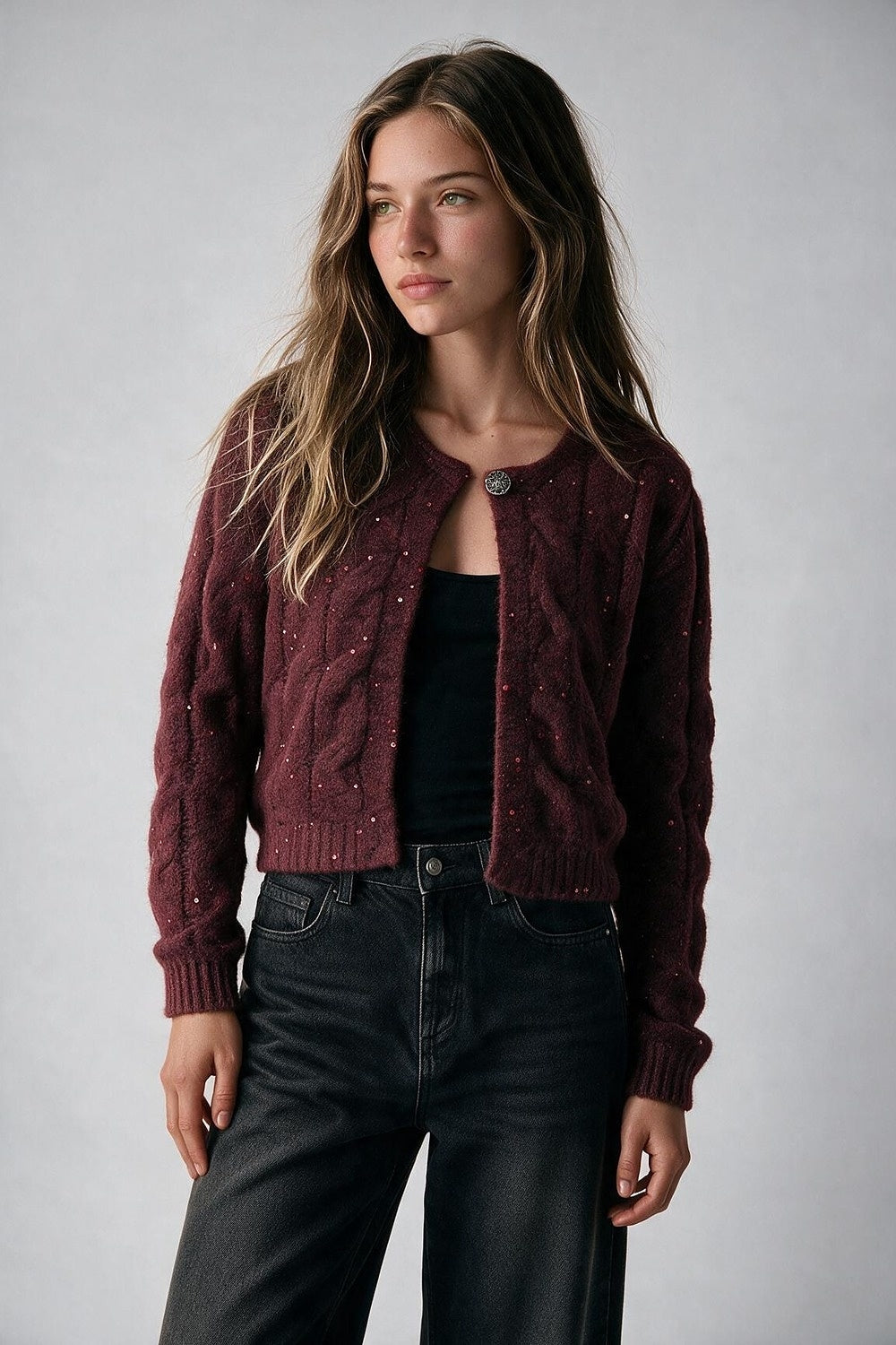 Burgundy Cable Knit Sequin Cardigan - Premium simple from Tooksie - Just $79.90! Shop now at Tooksie