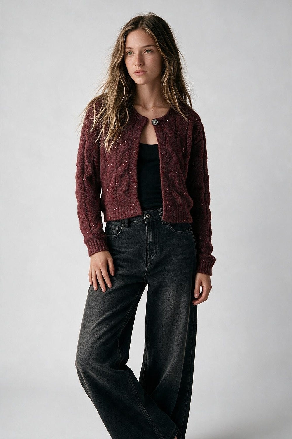 Burgundy Cable Knit Sequin Cardigan - Premium simple from Tooksie - Just $79.90! Shop now at Tooksie