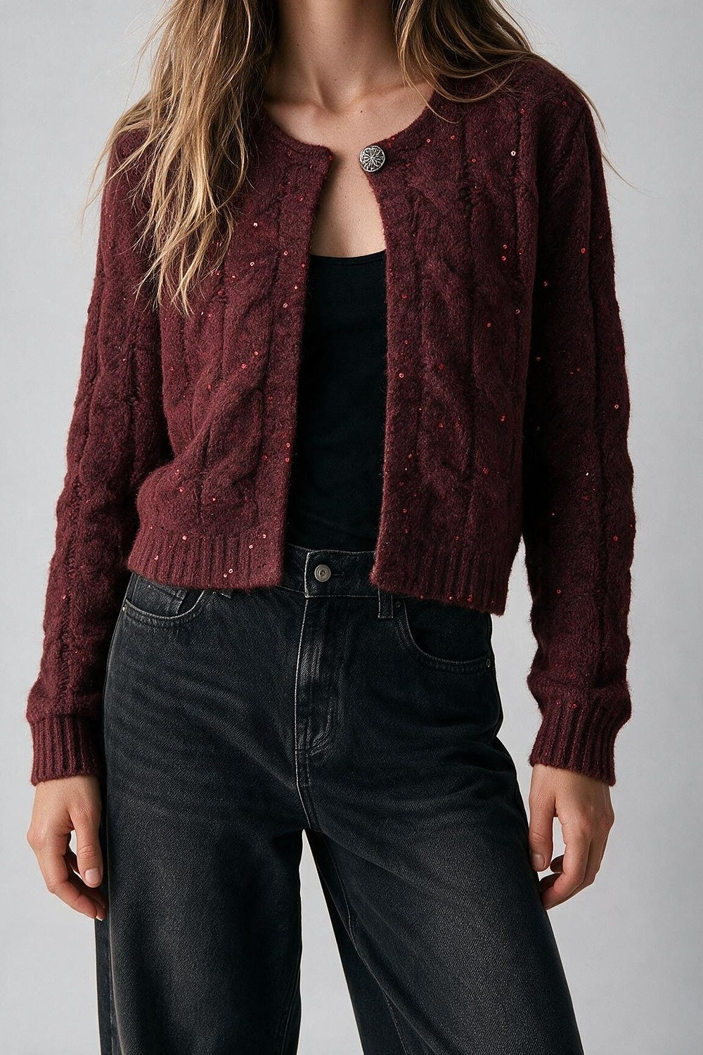 Burgundy Cable Knit Sequin Cardigan - Premium simple from Tooksie - Just $79.90! Shop now at Tooksie
