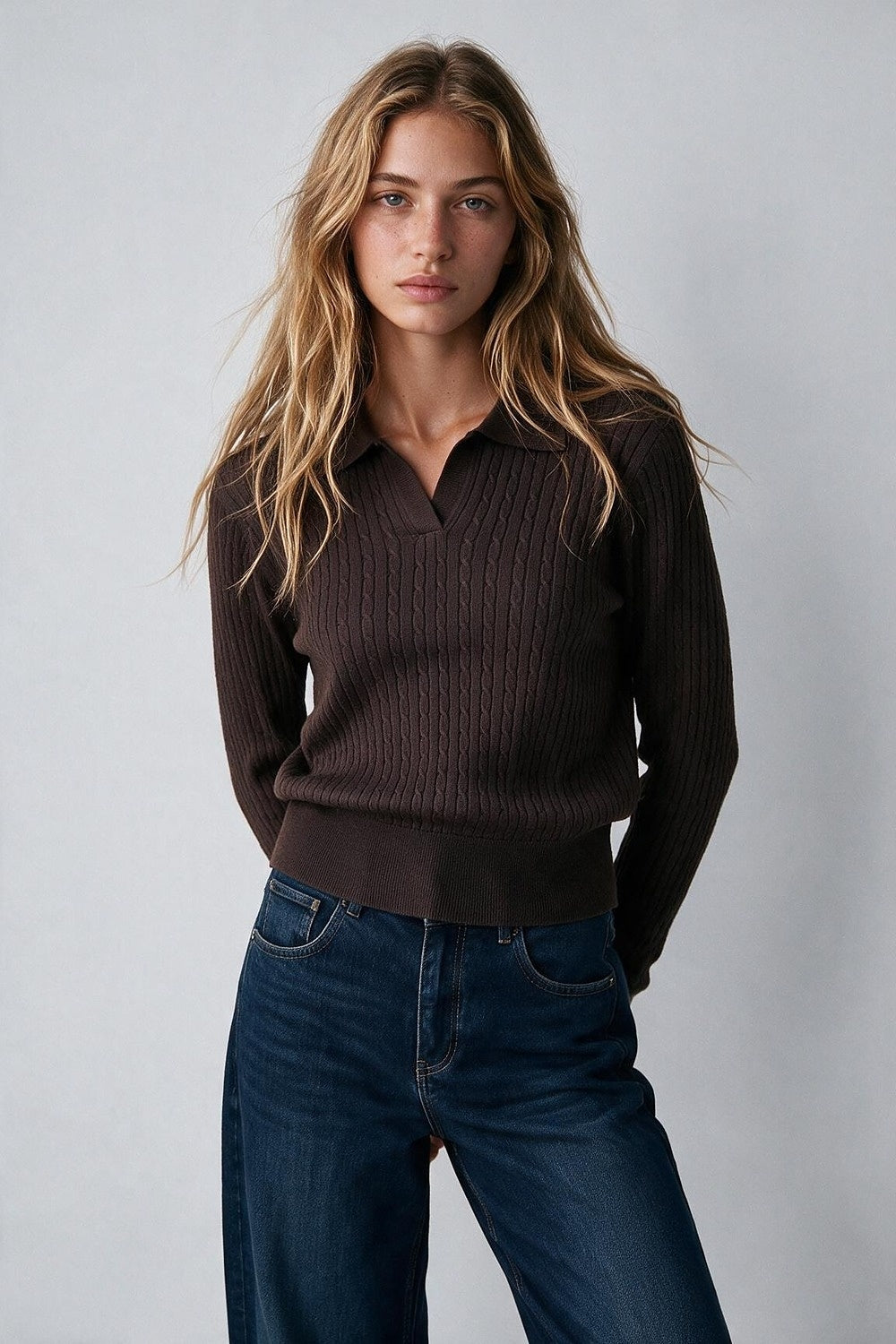 Brown Cable Knit Ribbed Trim Polo Sweater - Premium simple from Tooksie - Just $64.90! Shop now at Tooksie