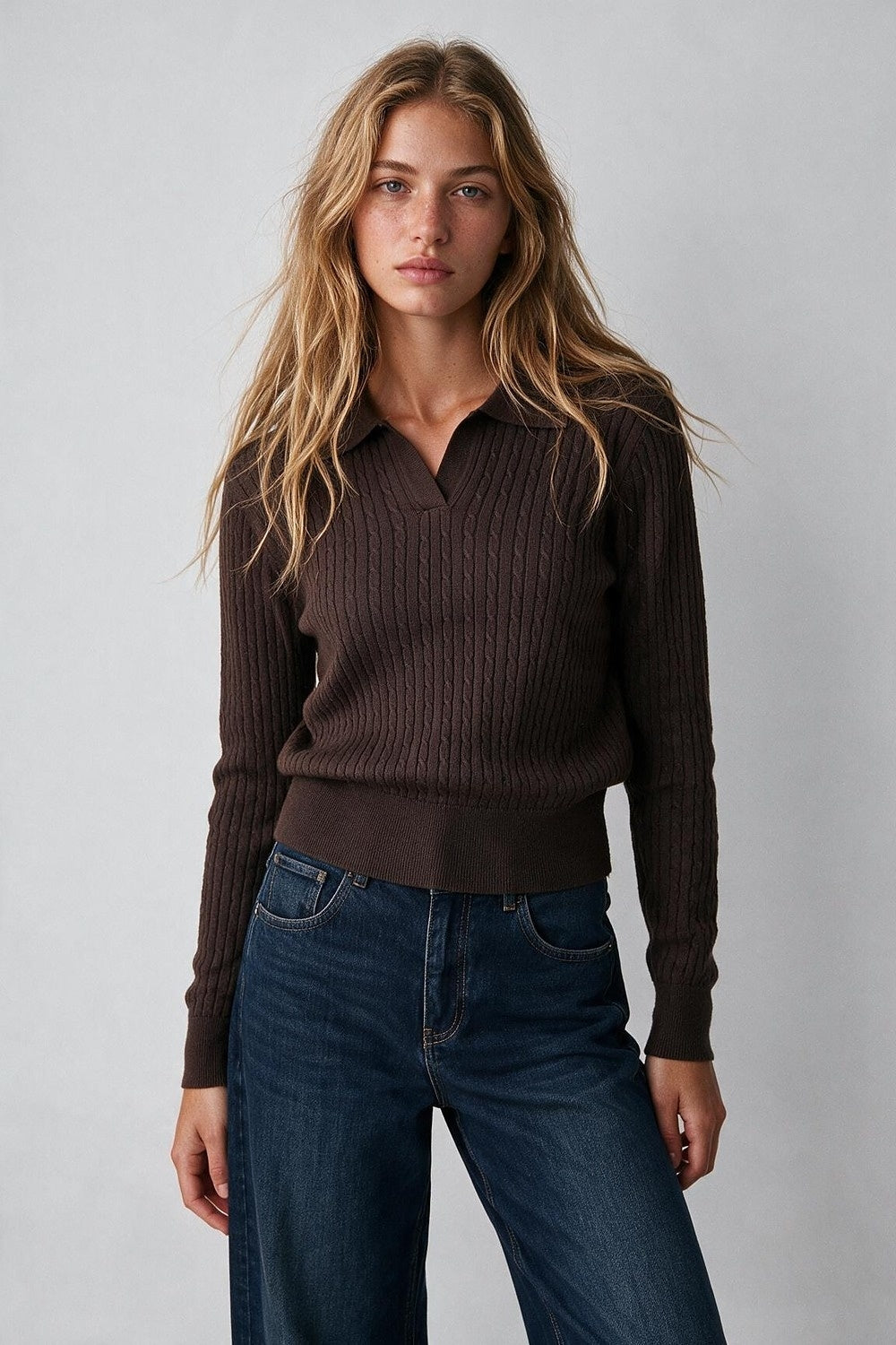 Brown Cable Knit Ribbed Trim Polo Sweater - Premium simple from Tooksie - Just $64.90! Shop now at Tooksie