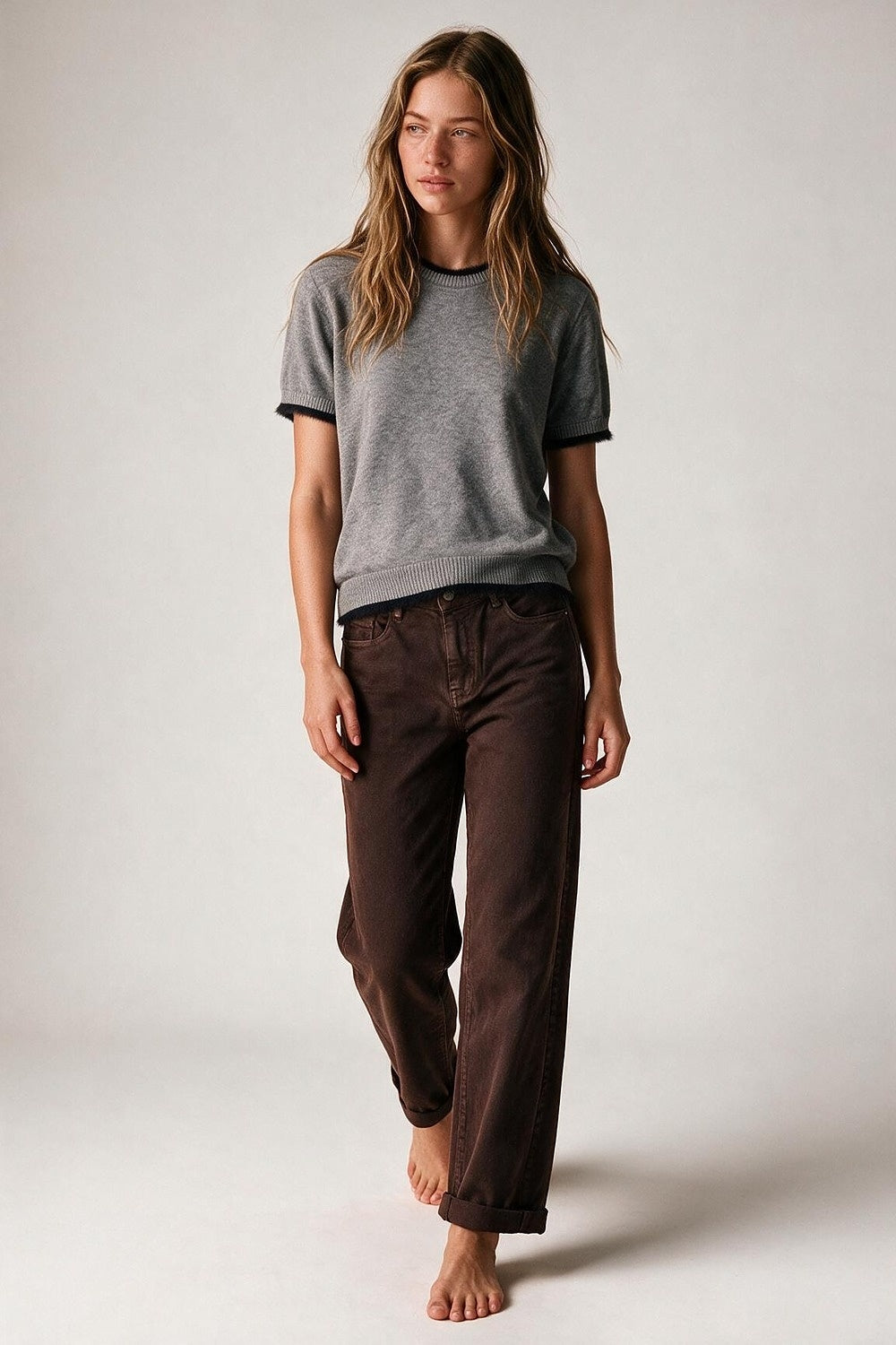 Gray Short Sleeve Crew Neck Sweater with Faux Fur Trim - Premium simple from Tooksie - Just $59.90! Shop now at Tooksie