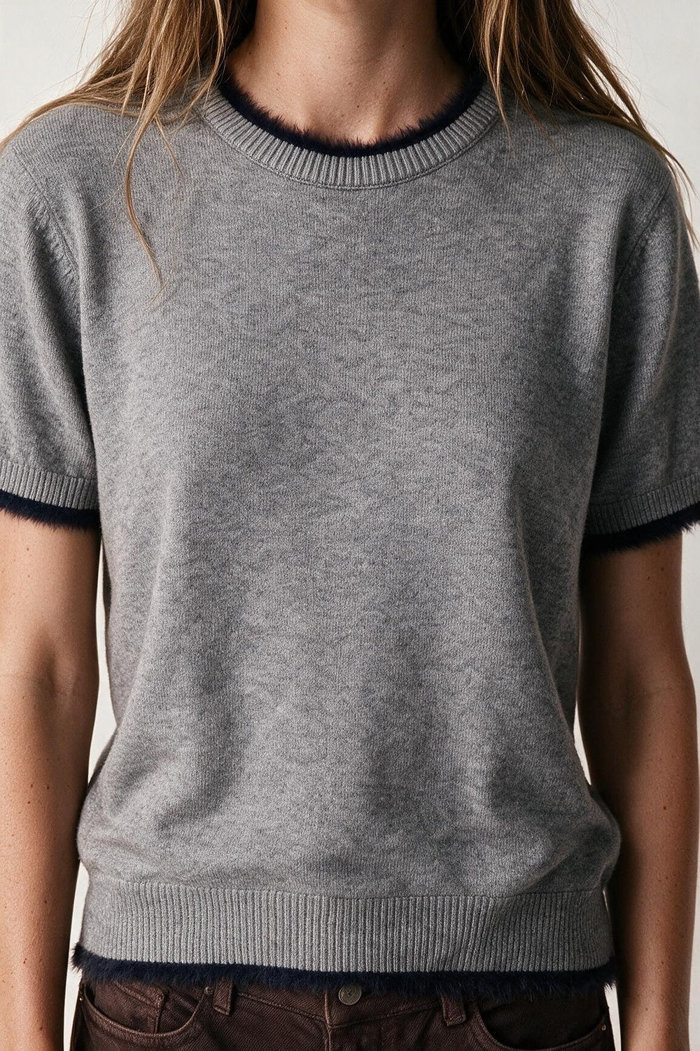 Gray Short Sleeve Crew Neck Sweater with Faux Fur Trim - Premium simple from Tooksie - Just $59.90! Shop now at Tooksie