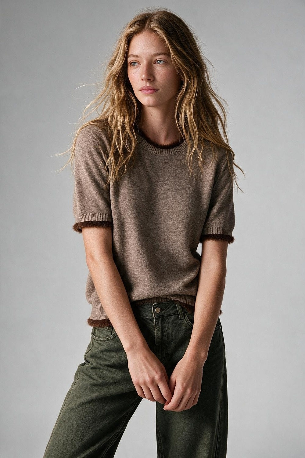 Camel Short Sleeve Crew Neck Sweater with Faux Fur Trim - Premium simple from Tooksie - Just $59.90! Shop now at Tooksie