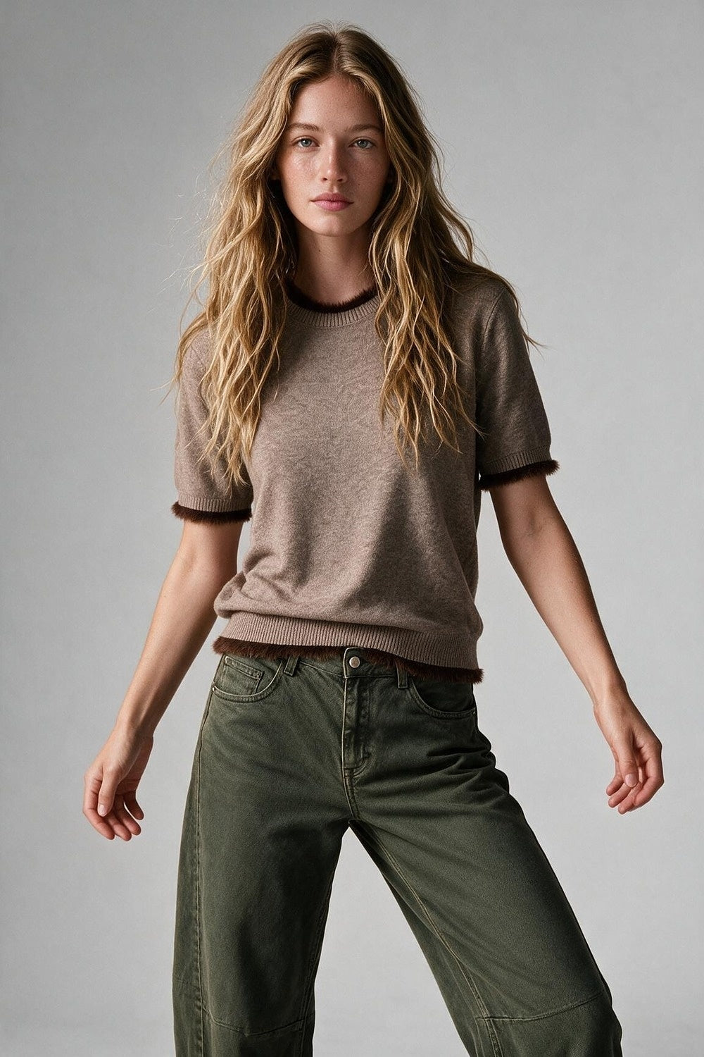 Camel Short Sleeve Crew Neck Sweater with Faux Fur Trim - Premium simple from Tooksie - Just $59.90! Shop now at Tooksie