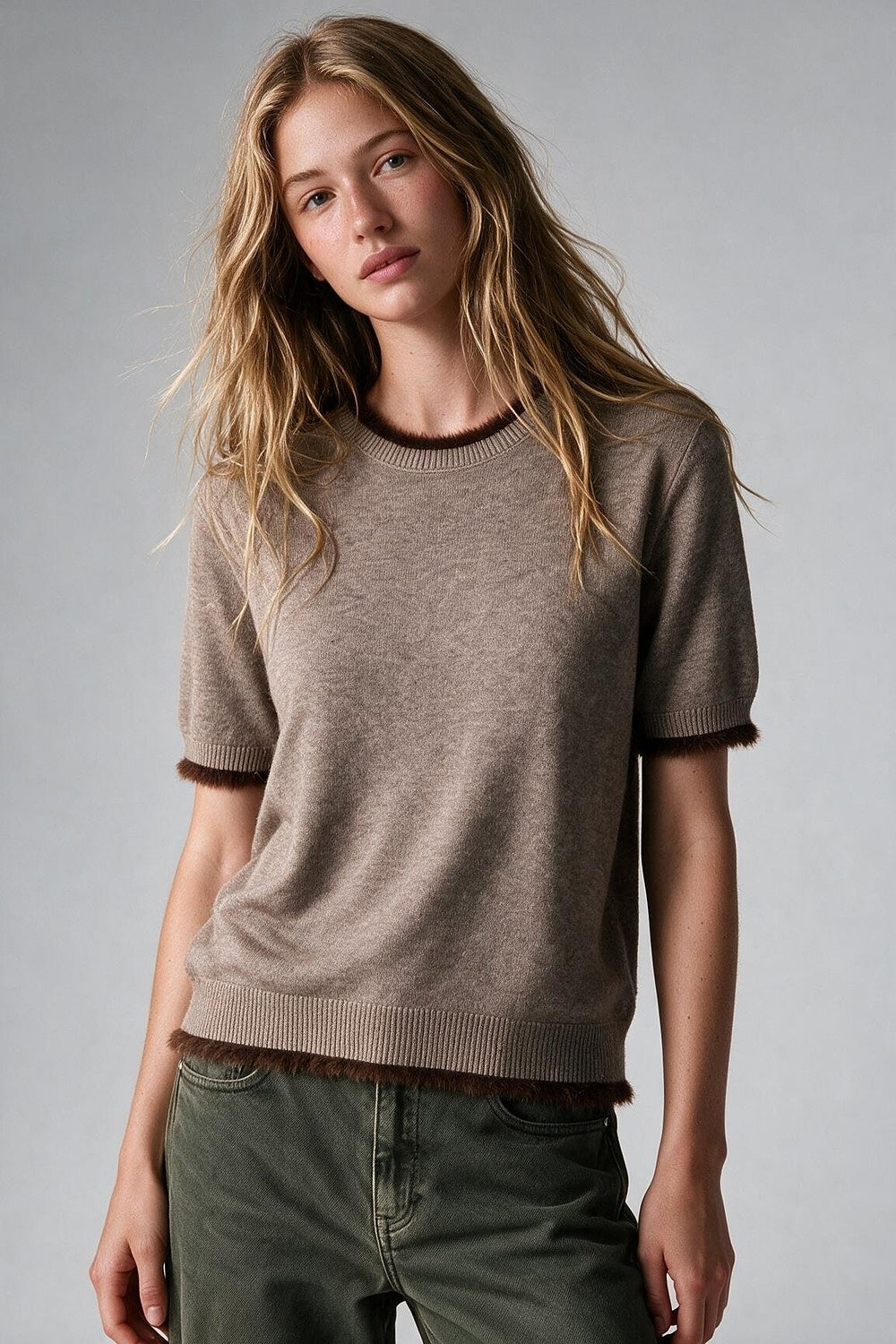 Camel Short Sleeve Crew Neck Sweater with Faux Fur Trim - Premium simple from Tooksie - Just $59.90! Shop now at Tooksie