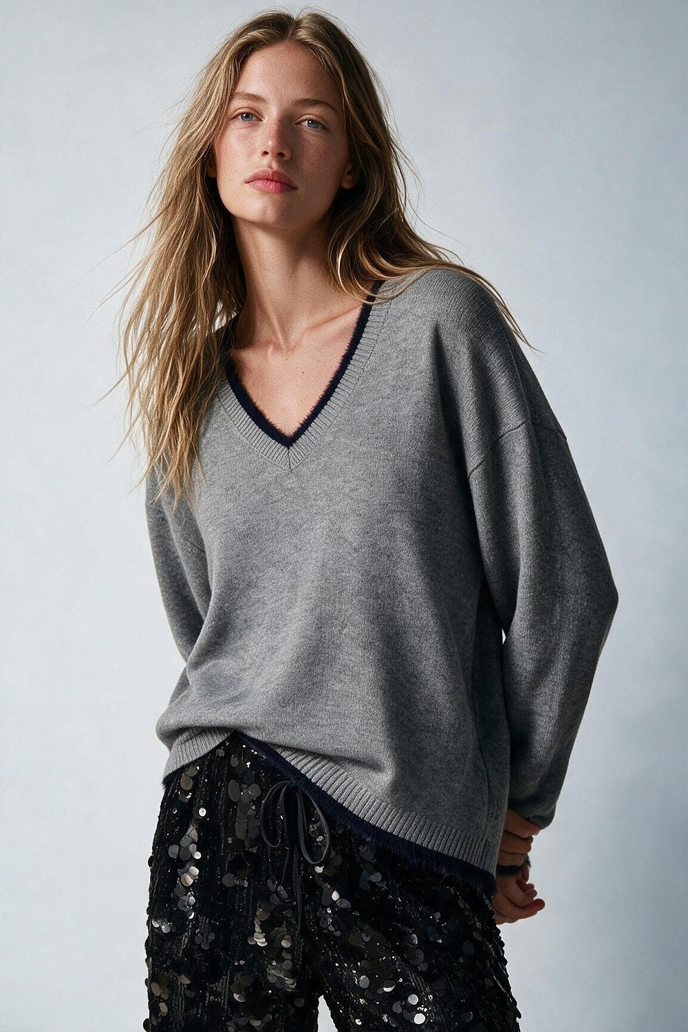 Gray V-Neck Sweater with Faux Fur Trim - Premium simple from Tooksie - Just $66.90! Shop now at Tooksie