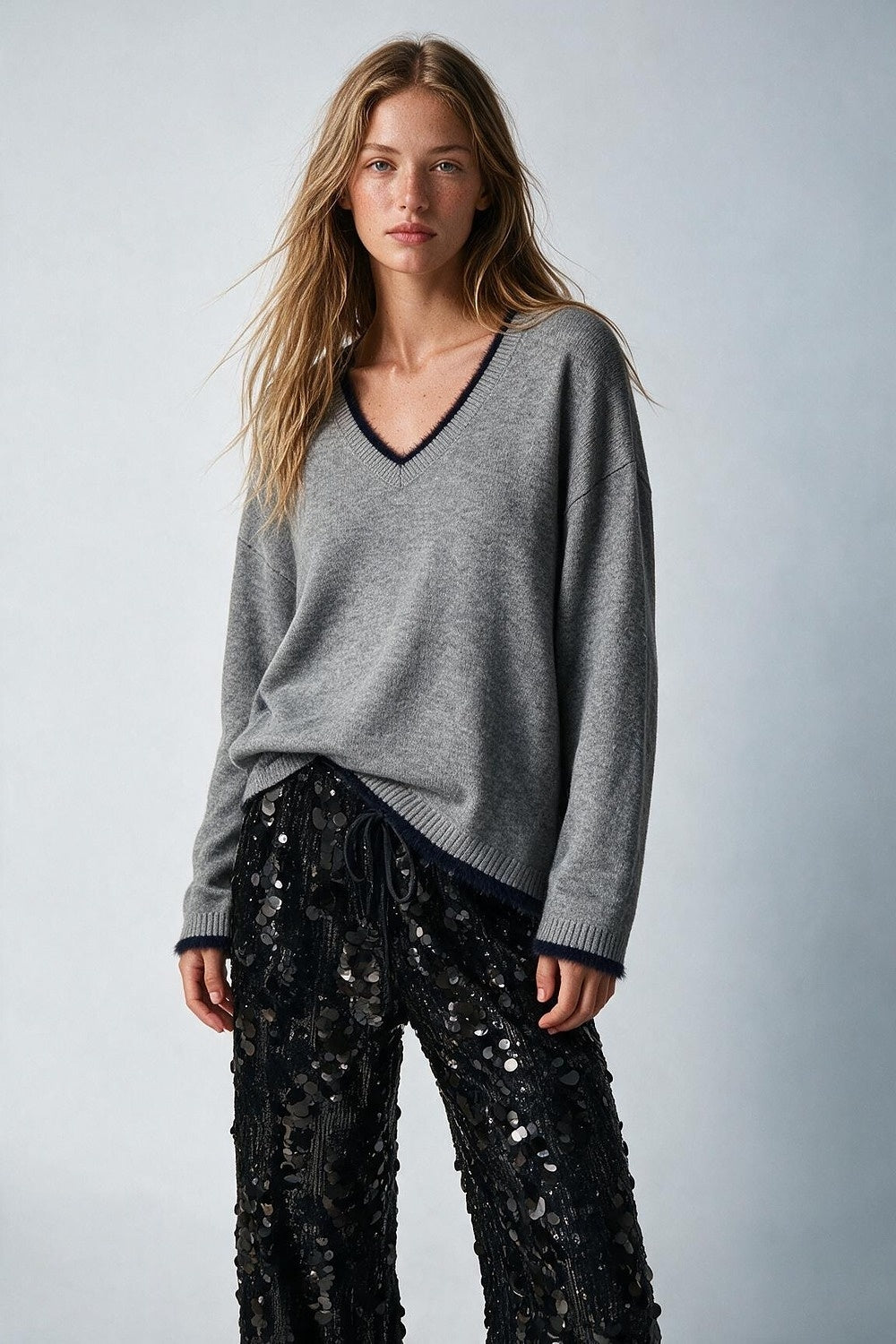 Gray V-Neck Sweater with Faux Fur Trim - Premium simple from Tooksie - Just $66.90! Shop now at Tooksie