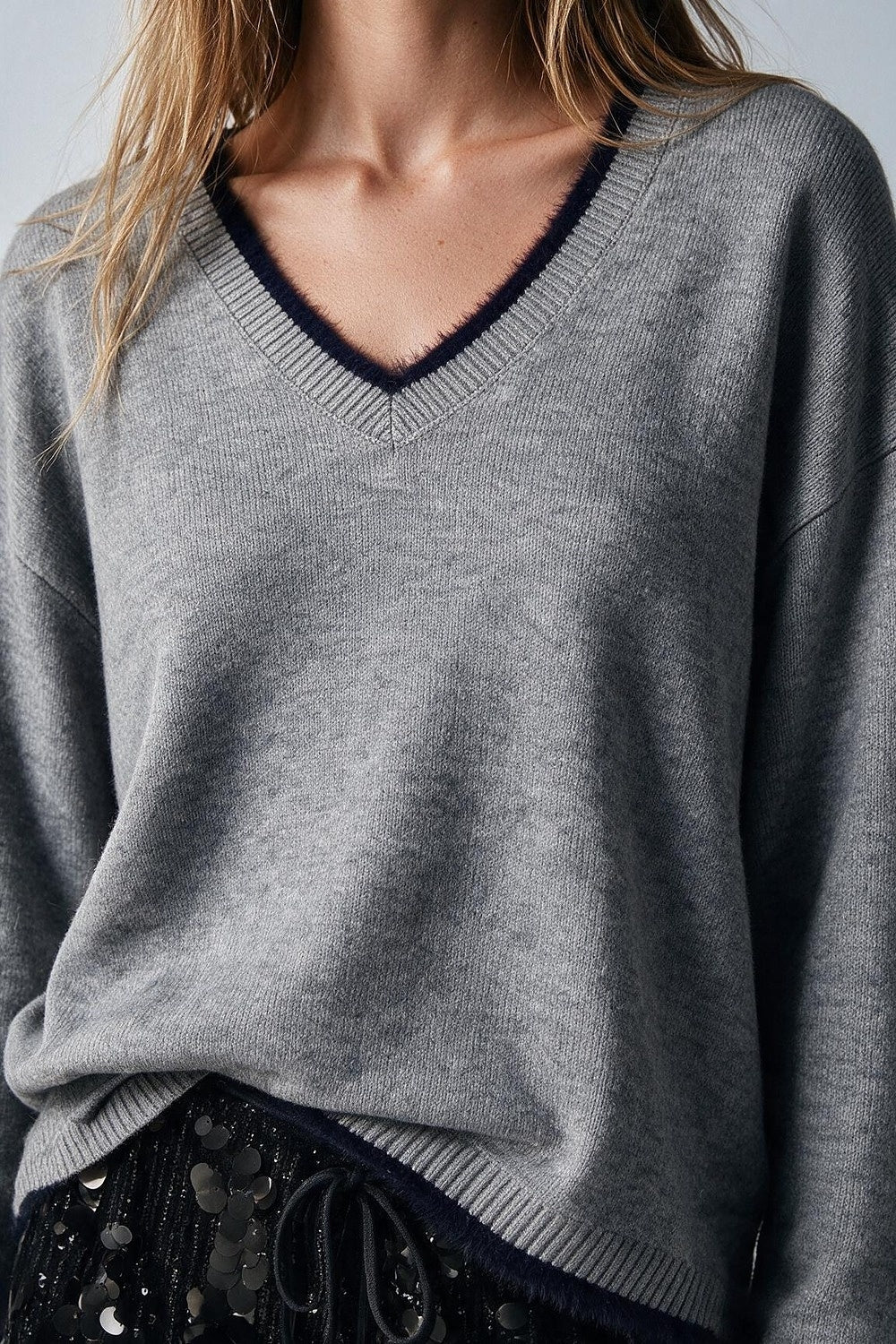 Gray V-Neck Sweater with Faux Fur Trim - Premium simple from Tooksie - Just $66.90! Shop now at Tooksie