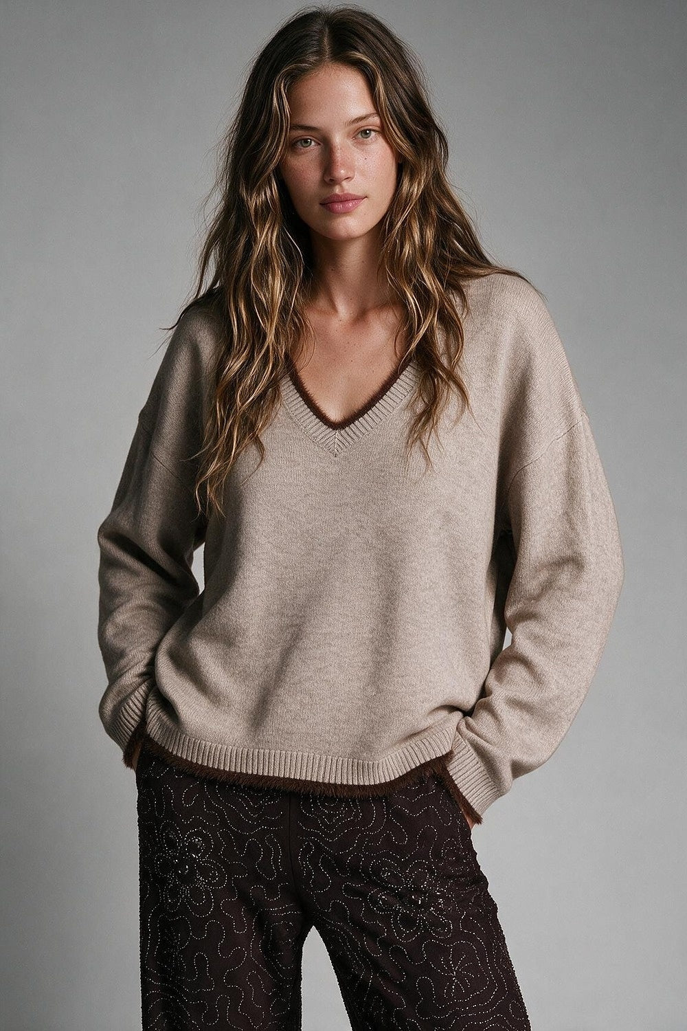 Camel V-Neck Sweater with Faux Fur Trim - Premium simple from Tooksie - Just $66.90! Shop now at Tooksie