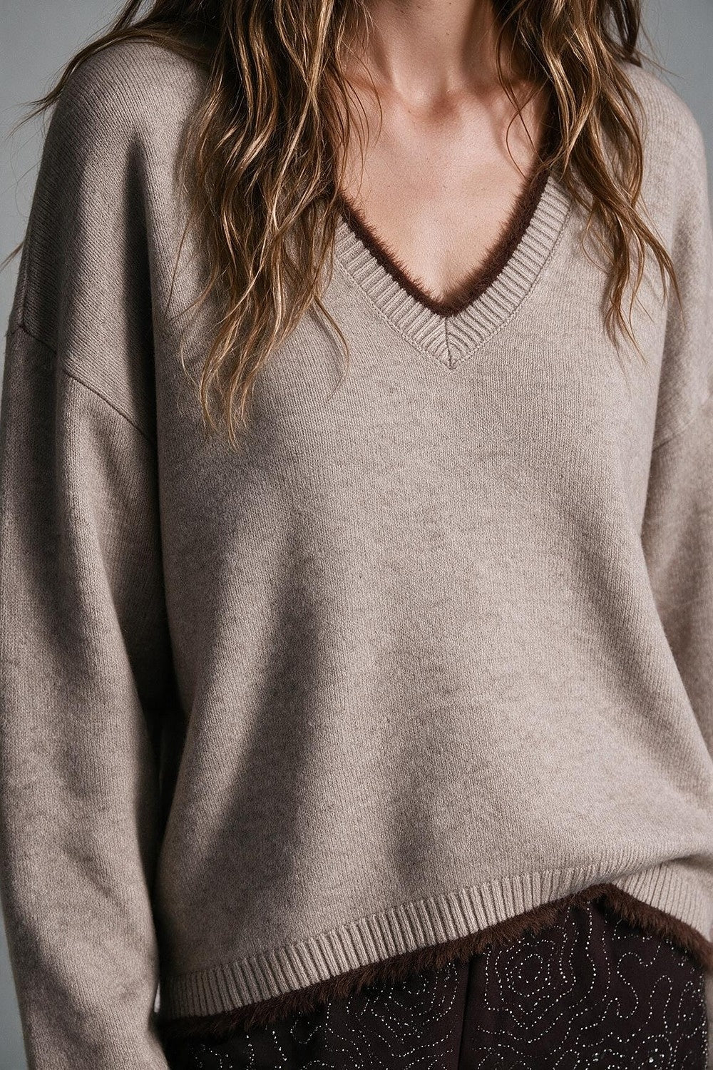 Camel V-Neck Sweater with Faux Fur Trim - Premium simple from Tooksie - Just $66.90! Shop now at Tooksie