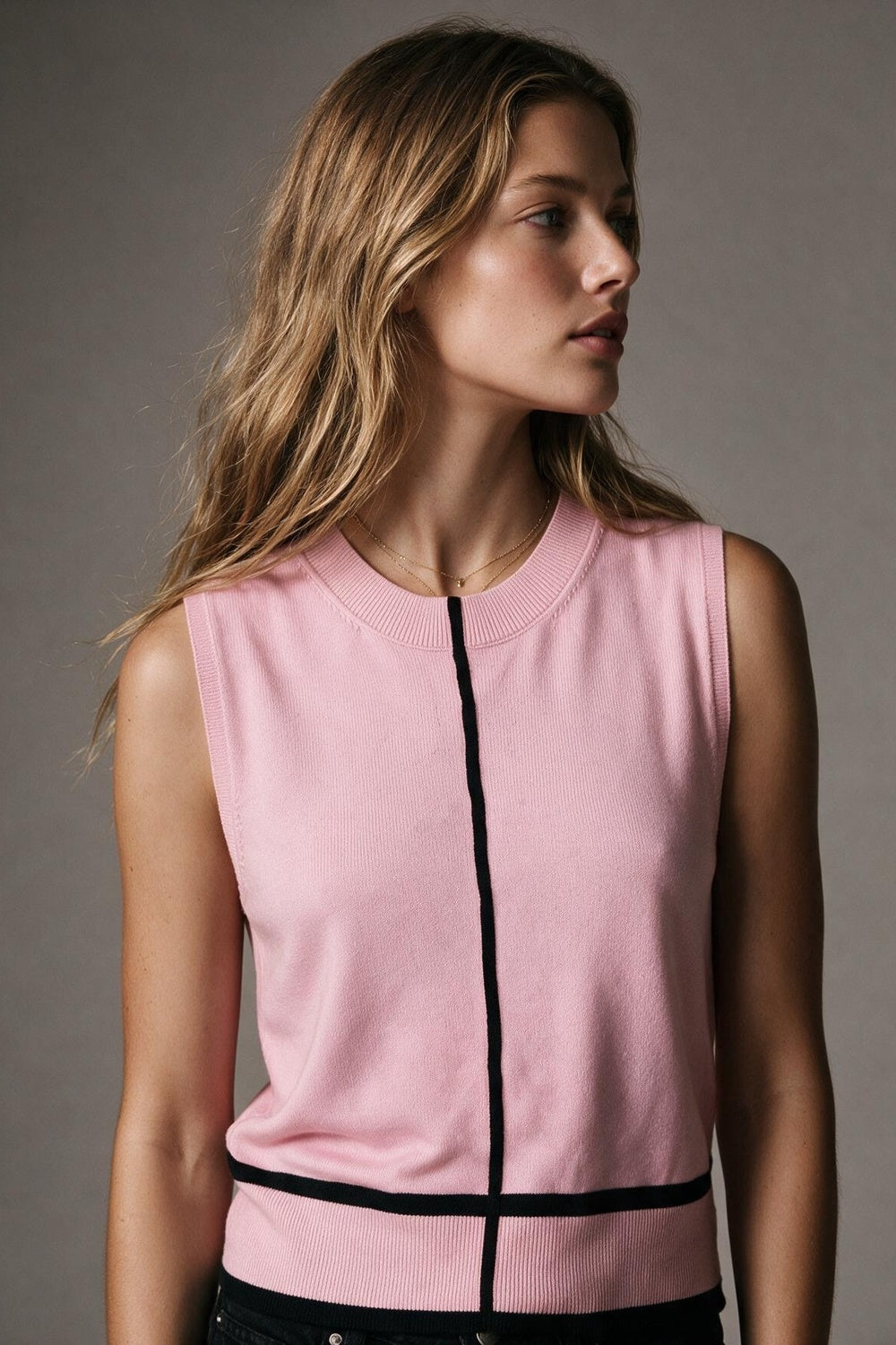 Light Pink Fine Knit Contrast Seam Sleeveless Top - Premium Sweaters from Tooksie - Just $64.90! Shop now at Tooksie